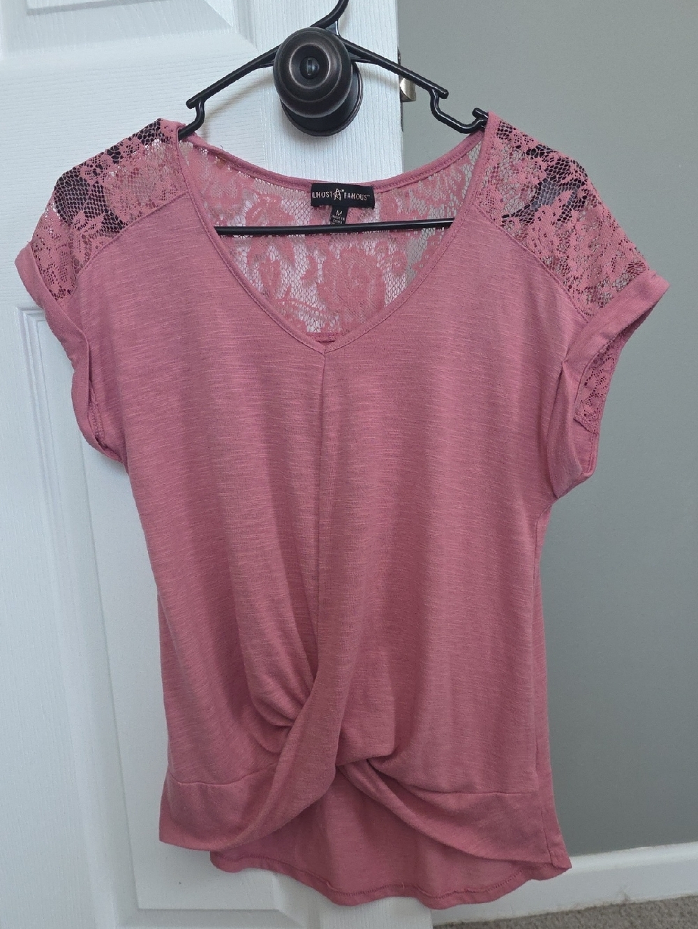 Almost Famous Pink Lace Back Cap Sleeve V-Neck Shirt Top